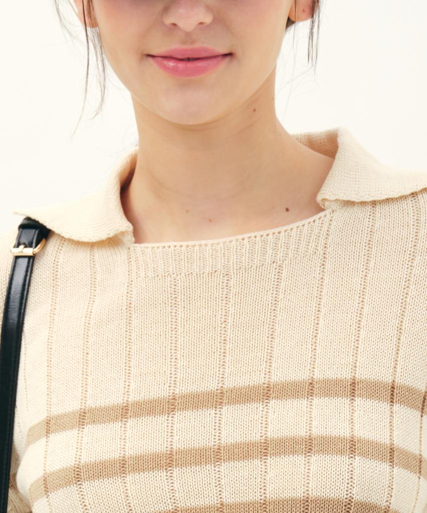 JUN BY JUN K Collared Striped Knit Top_Beige