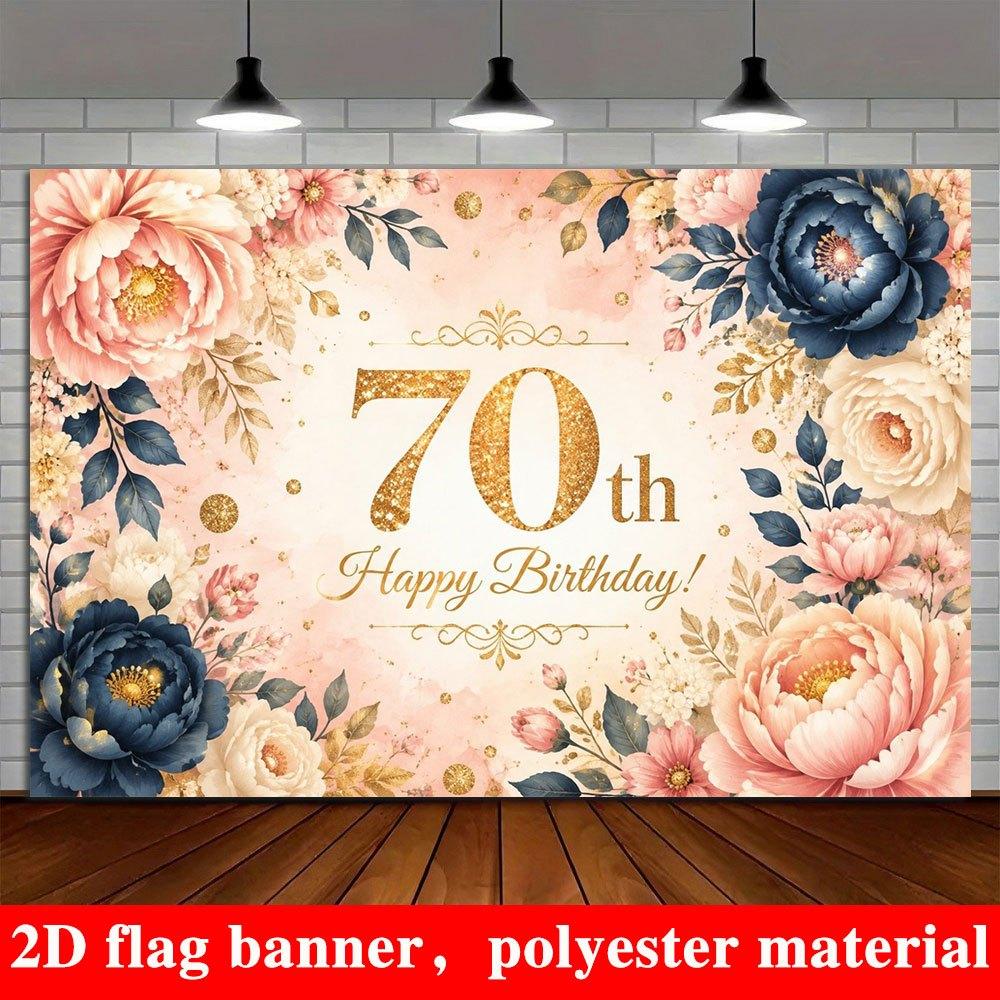 2D Flat Banner, 70th Birthday Backdrop, Soft Pink and Deep Light Peony Flowers, Polyester