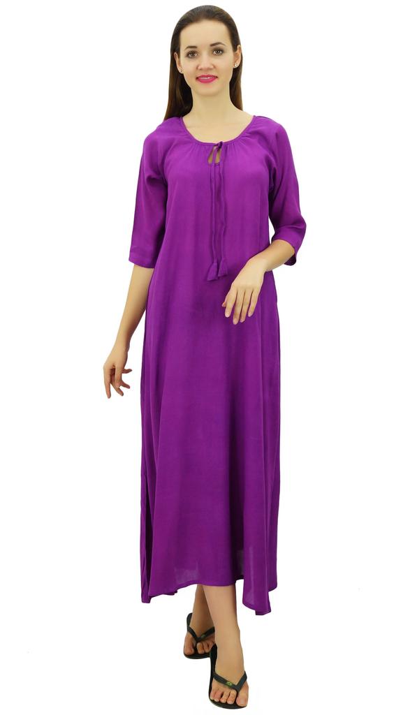 Bimba Women Rayon Purple Night Gown 3 4 Sleeve Long Maxi Night Dress