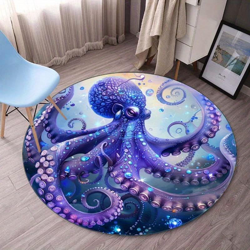 Crystal velvet round rug purple octopus underwater sea creature design living room bedroom decor ocean themedanti slip floor mat