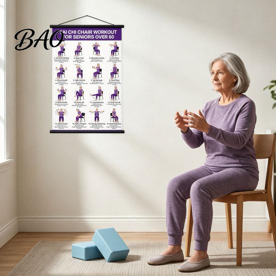 Wall Hanging Fitness Poster Tai Chi Training Scroll Poster, Sitting/Walking Movements Guide, Large Size Practice Tool High Definition Chart