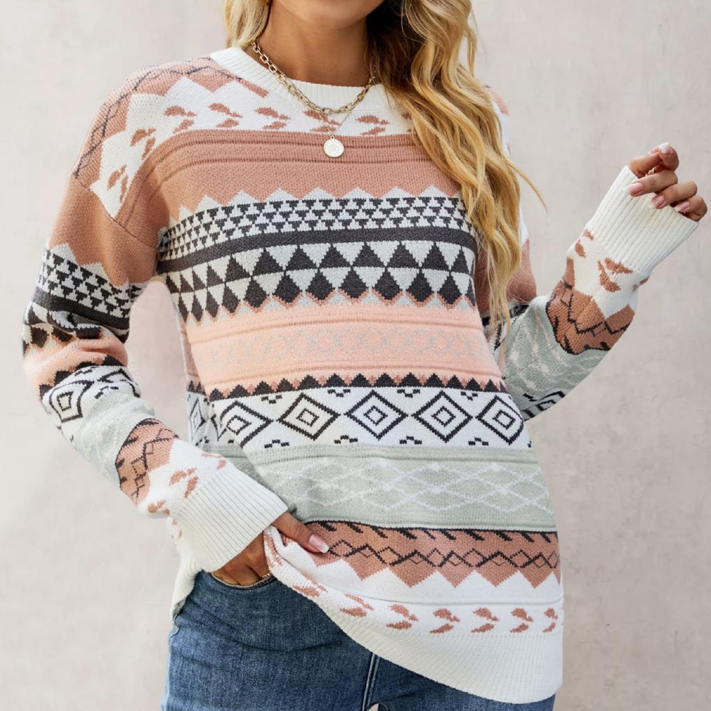 Женский вязаный ретро пуловер свитер с круглым вырезом свободного кроя