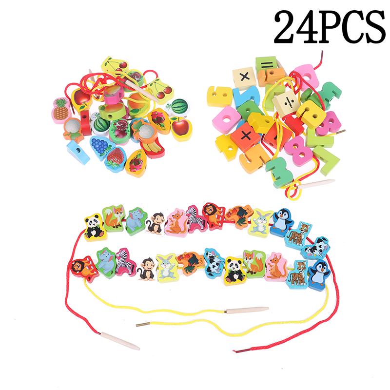 24Pcs Baby Wooden Diy Toy Fruit Animal Stringing Threading Wooden Beads Toy
