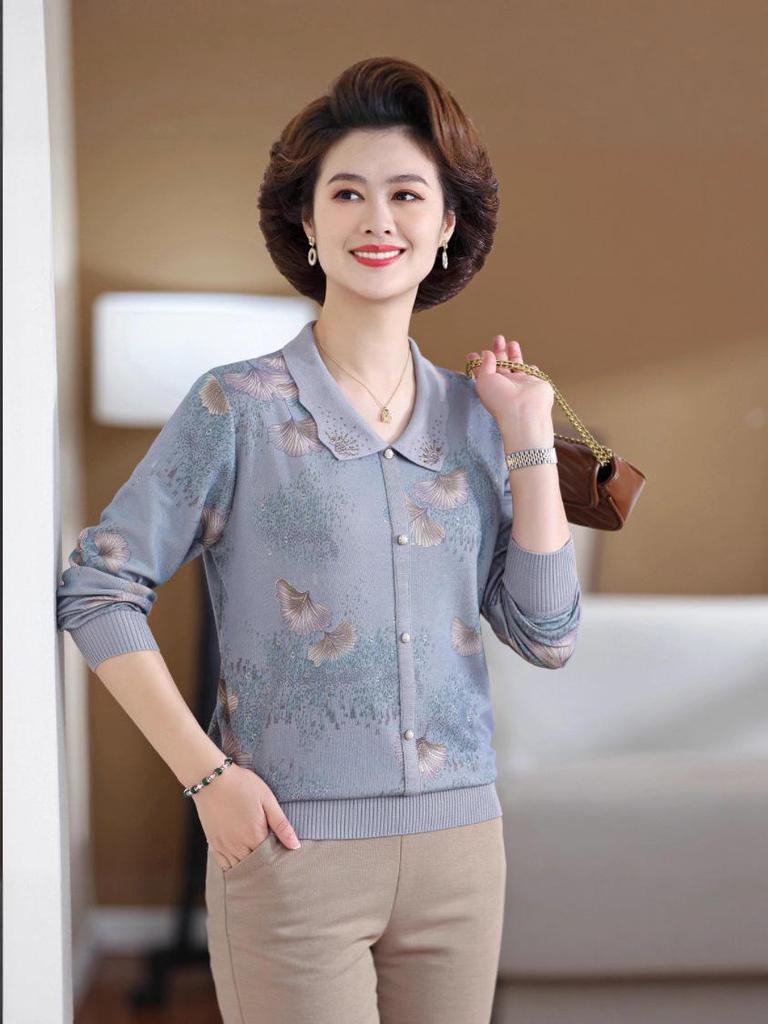 Женская осенняя вязаная футболка с принтом и лацканами - с длинным рукавом, свободная, модная, универсальная для женщин среднего и пожилого возраста