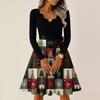 Women's Casual Fashion V-neck Long Sleeved Retro Christmas Print Retro Dress