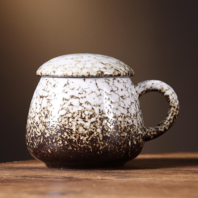 Coarse pottery mug with lid Large capacity 1000ml household water cup Ceramic office belly cup Coffee cup