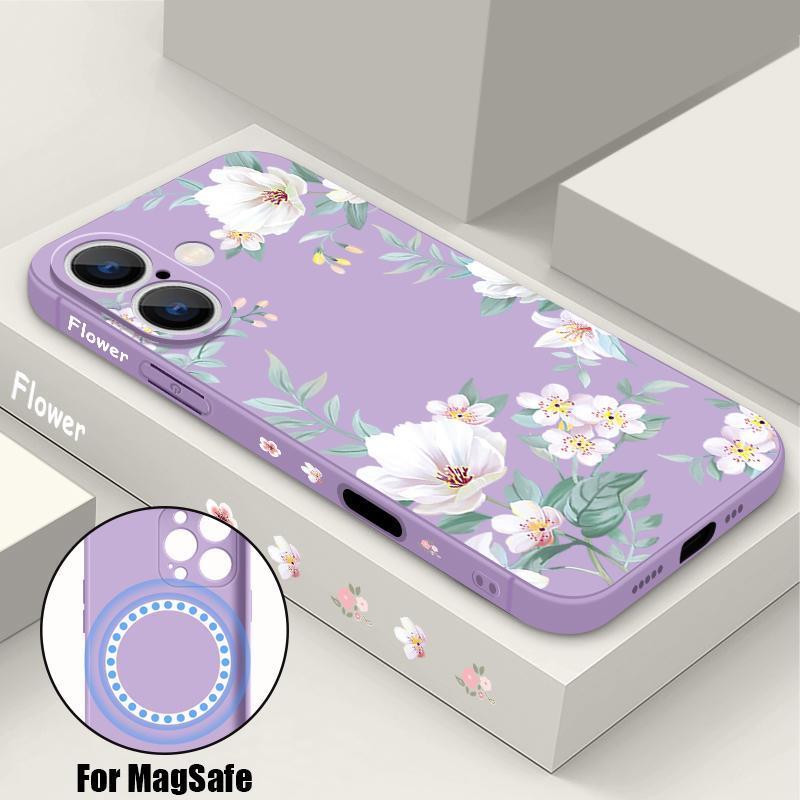 Магнитный чехол с черно-белым цветочным узором для Magsafe, для iPhone 16 Pro Max, Coque iPhone 15 Pro Max 14 13 11 17, чехол со встроенной металлической пластиной