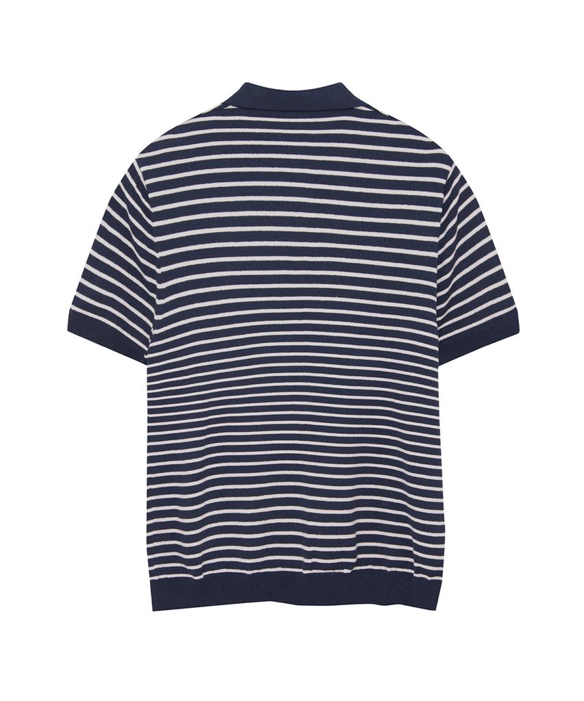 IRONYPORNO WHITELINE 86-Iro358 Color Stripe Button Collar Short Sleeve Knit Navy