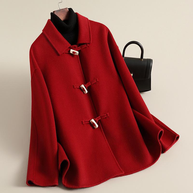 Autumn Horn Button Woolen Coat Female College Style Small Medium and Long Woolen Coat High-end Female