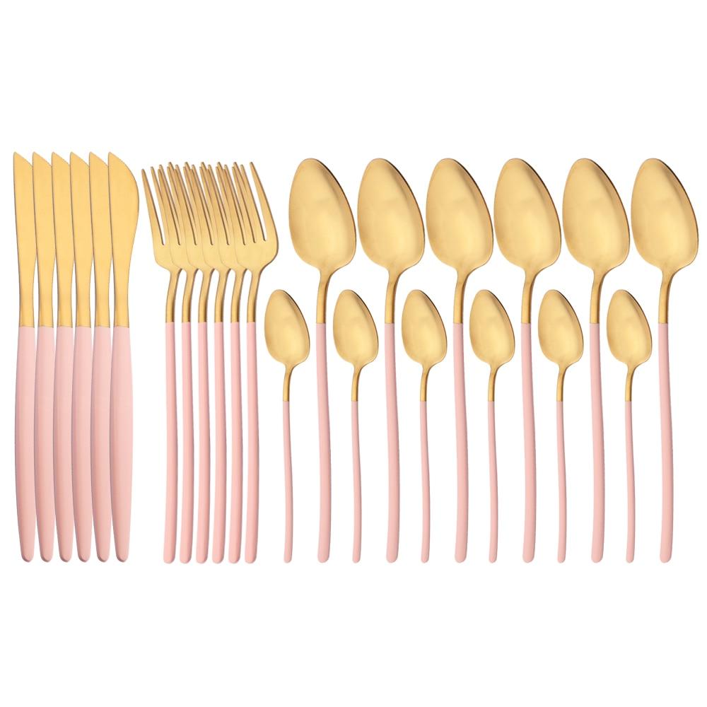 24Pcs Tableware Set for 6 Pink Matte 304 Stainless Steel Dinnerware Set Gold Dinner Cutlery Spoon Fork Knife Western Flatware