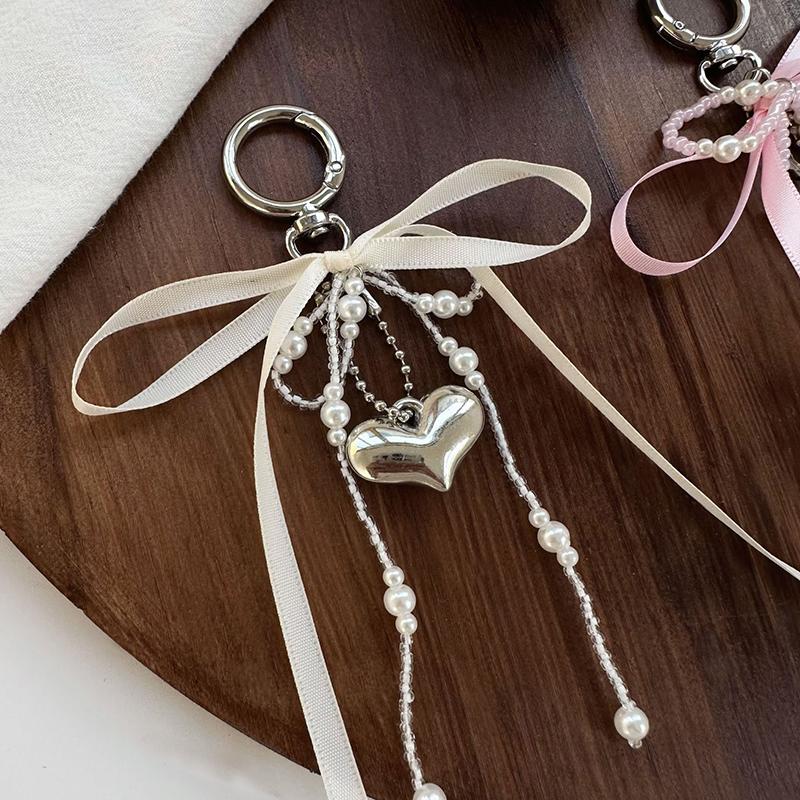 Imitation Pearl Bow Key Ring Ribbon Beaded Keychain Korean Style Hanging Accessories Y2K Heart Bag Pendant School