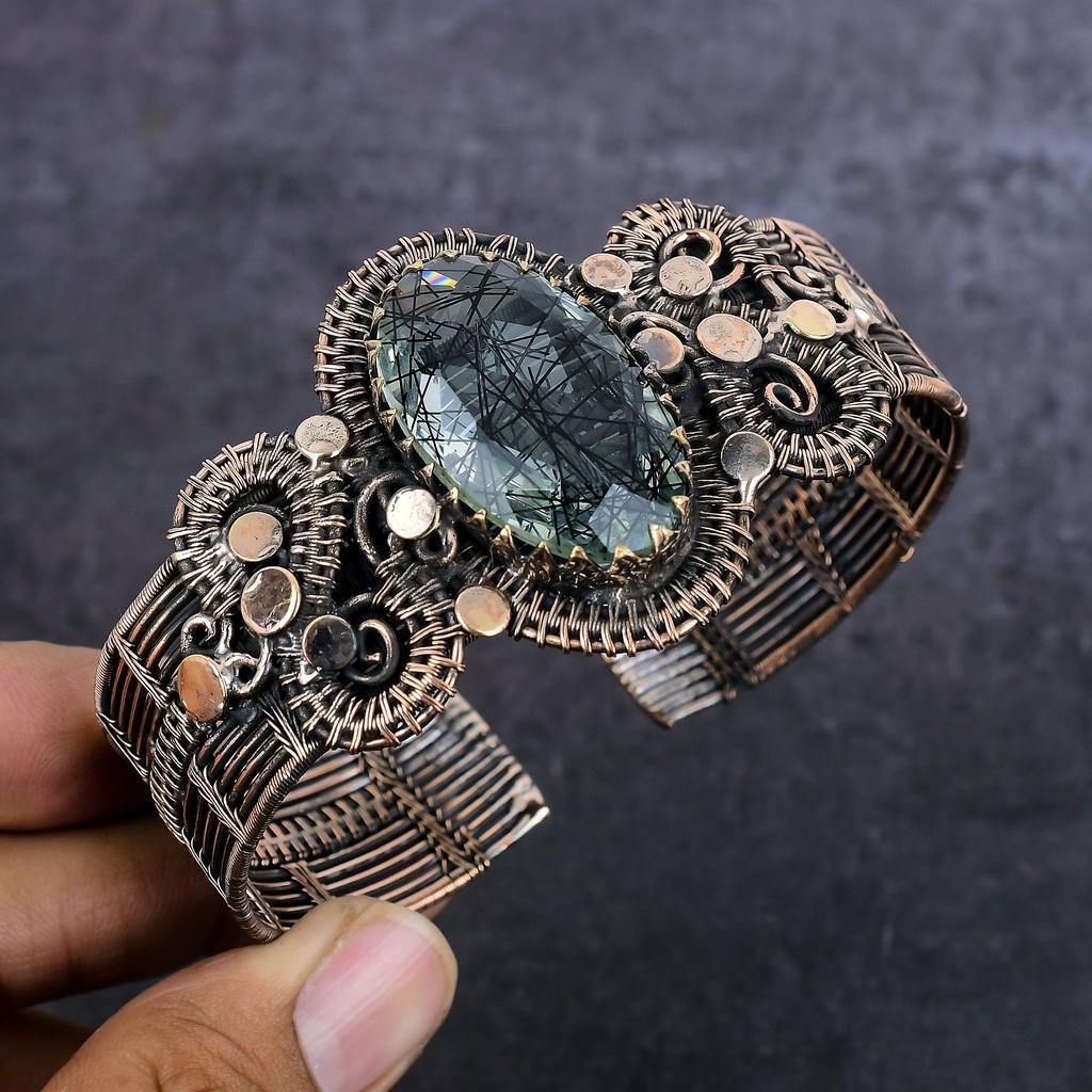 Браслет-манжета из натурального черного рутилового драгоценного камня с медной проволокой, регулируемый K3P57