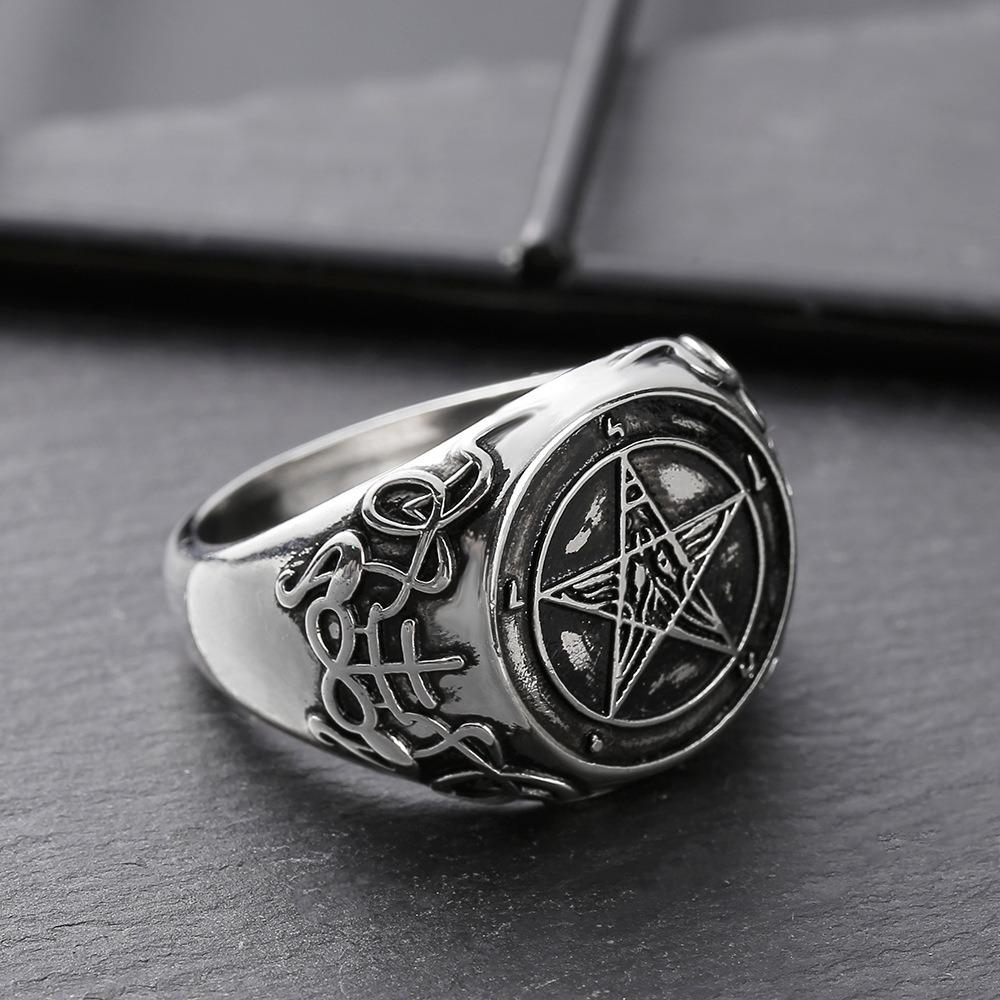 Satanic Baphomet Goat Head Ring with Inverted Pentagram Band Gothic Jewelry for Men Women
