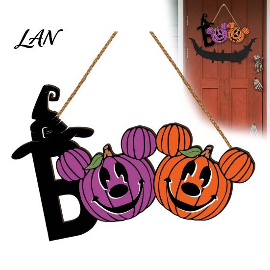 Rustic Wooden Hanging Decor Halloween Boo Wood Door Sign, Mouse Shaped Hanger Wreath, Cute Pumpkin Wall Plaque for Front Door, Yard, Porch,