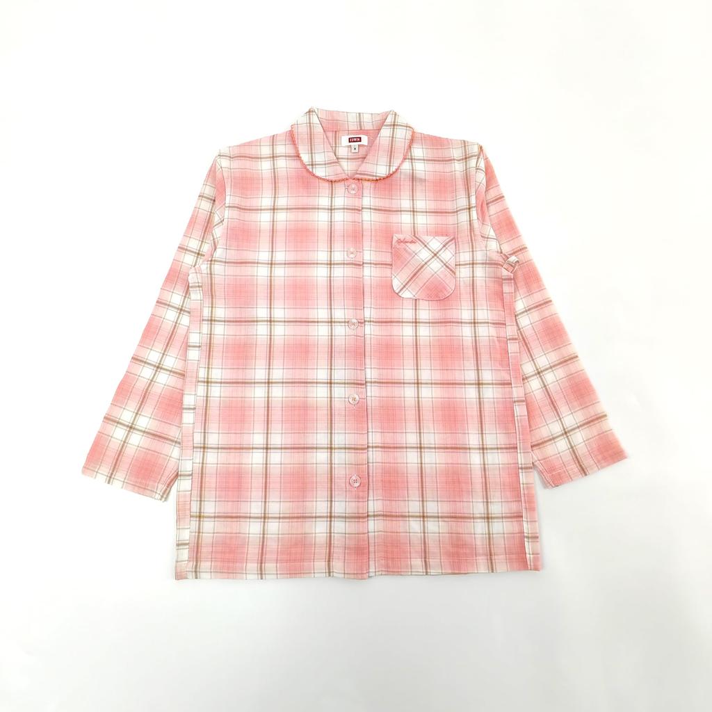 Takihyo EDWIN Long Sleeve Pajama Double Check Shirt Pink Women's Set, 100% Cotton, Gauze, Pattern, Open-Front Pajamas,