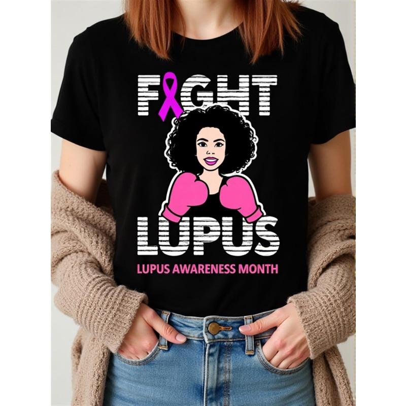 Lupus Awareness T-Shirt - Black Short Sleeve Round Neck Tee with Boxing Gloves & Fight Slogan Design, Suitable for Spring Summer Fall Casual Wear