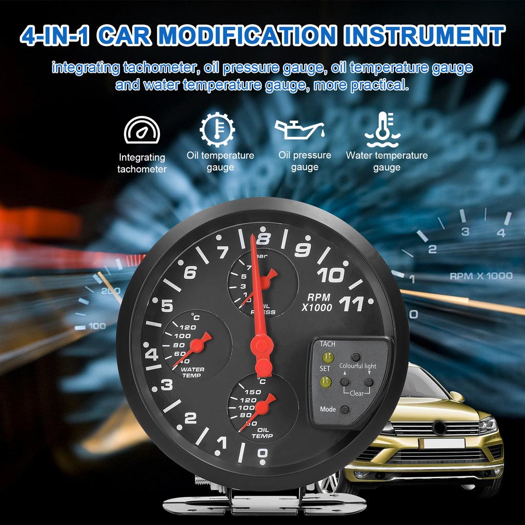 5 Inch 4 in 1 Car Multifunctional Gauge Tachometer Oil Pressure Oil Temperature Water Temperature Gauge Meter Support