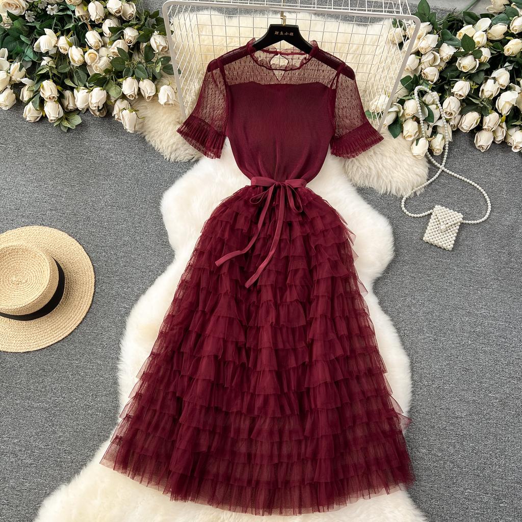 Nomikuma French Women Sweet Mesh Cake Dress Tie Up Waist Slimming Mid Length Elegant Long Cake Dresses 2024 Summer New Vestidos