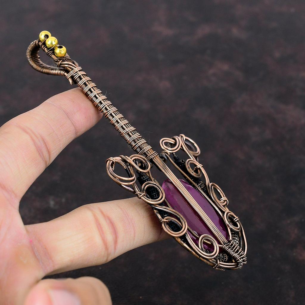Кулон с ограненным кашмирским рубином, подвеска из медной проволоки, подвеска с драгоценным камнем, гитарная бижутерия, этническая подвеска, медная бижутерия ручной работы, подарок для мамы