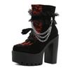 Gdgydh Vintage Gothic Lace Ankle Boots for Women Chunky Heel Side Zipper with Chain Detail Platform Goth Boots High Heels