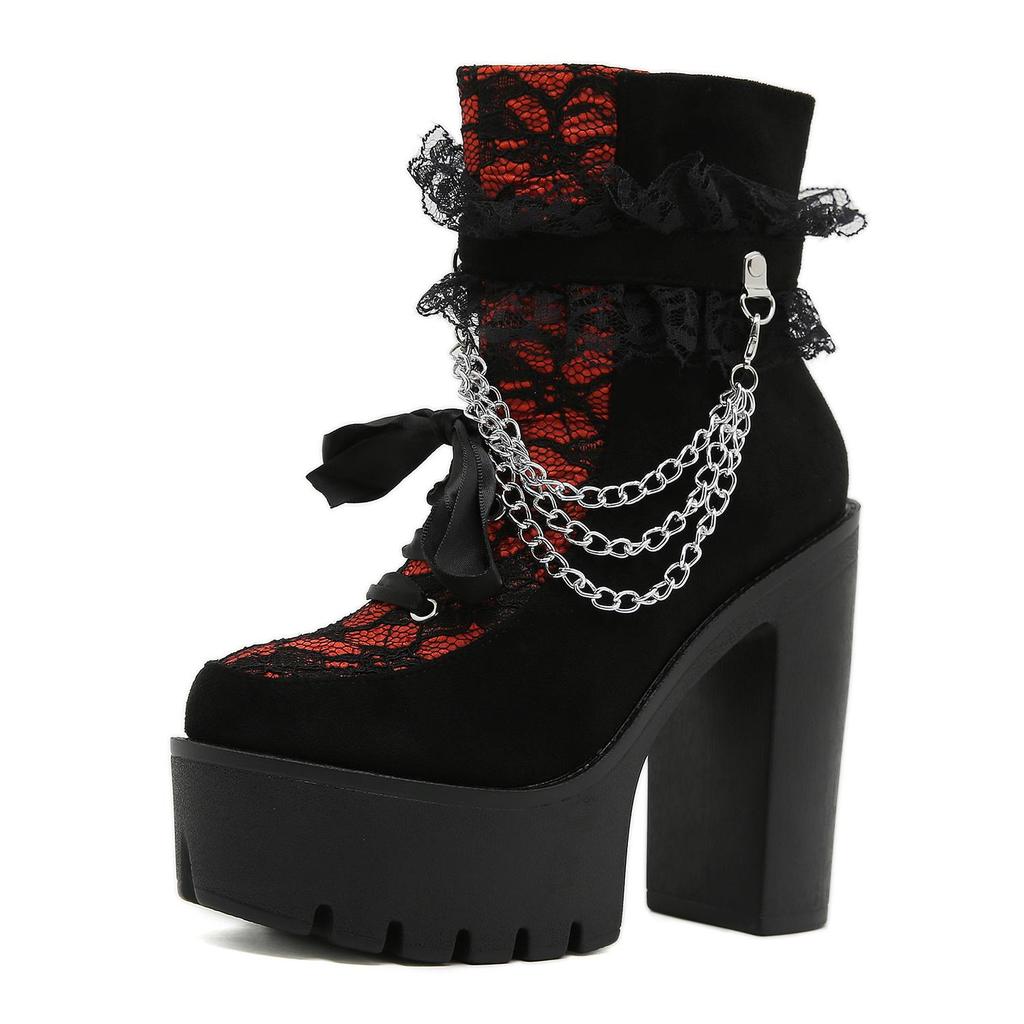 Gdgydh Vintage Gothic Lace Ankle Boots for Women Chunky Heel Side Zipper with Chain Detail Platform Goth Boots High Heels