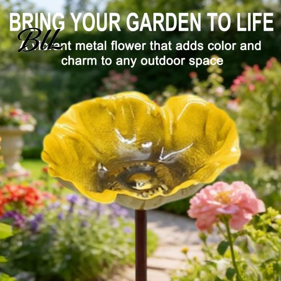 Bee Watering Station Metal Flower Yard Stake Handmade Ground Insert Bird Butterfly Water Bath Feeder Drinking Bowl Outdoor Decor for Garden Lawn