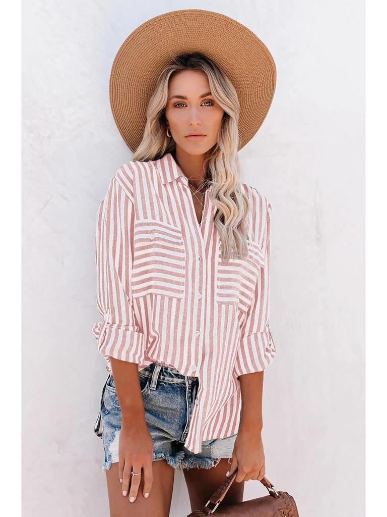 2024 Spring/Summer Women's Striped Cotton-Polyester Long-Sleeve Shirt