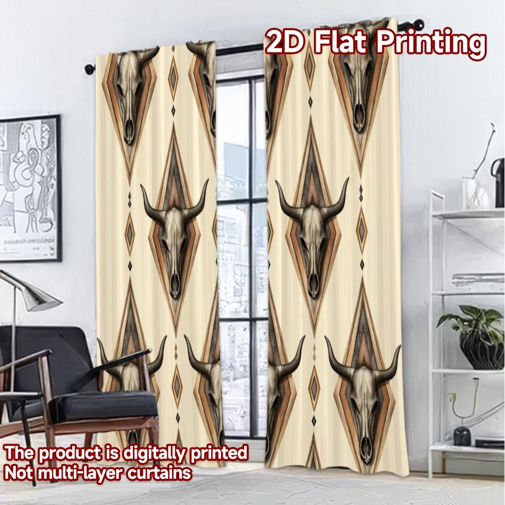 2D FLAT PRINTING 2pcs Curtains (Without Rod) Cow Skull Repeated Design Modern Curtain Modern Versatile Fabric Curtains Eid