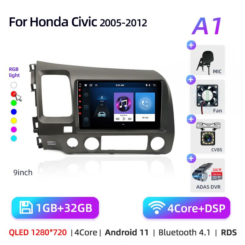 9" Android 12 Carplay автомобильный стерео радиоприемник для Honda Civic 8 2005 - 2012 мультимедийный плеер навигация GPS 2 Din 4G аудио DVD