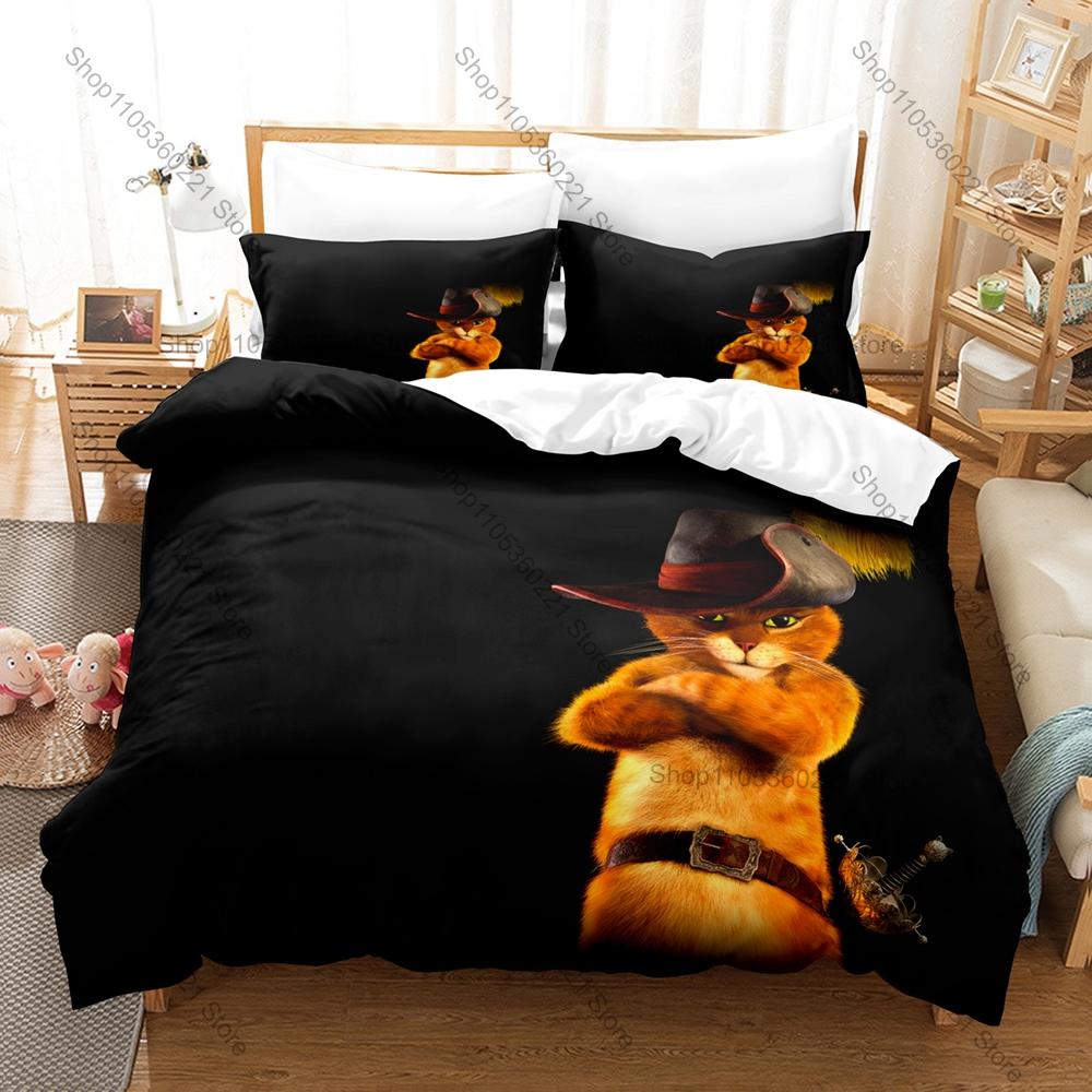Cartoon PUSS IN BOOTS Bedding Set, Duvet Cover + 2 Pillowcases Vivid Pattern for Home Dorm Daily Use & Collection