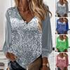 Fall Spring Women Top Shiny Sequin V Neck Long Sleeve Patchwork Loose Pullover Soft Breathable Mid Length Lady Commute Shirt Blouse