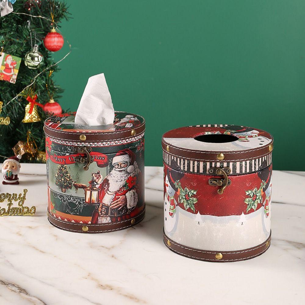 Cartoon Desktop Paper Box Retro Tissue Storage Box Decorative Christmas Round Tissue Box New Year