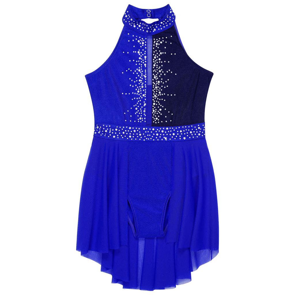 Girls Lyrical Dress Shiny Rhinestone Decor Sleeveless Irregular Hem Dance Leotard Dress Kids Dancewear