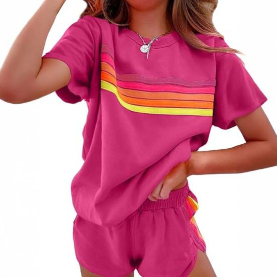 2 шт./комплект женский комплект футболка с коротким рукавом и круглым вырезом эластичный пояс широкие шорты комплект