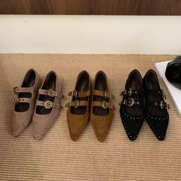 Французские ретро туфли Мэри Джейн с острым носком женские новые замшевые туфли на плоской подошве с юбками универсальные маленькие кожаные туфли