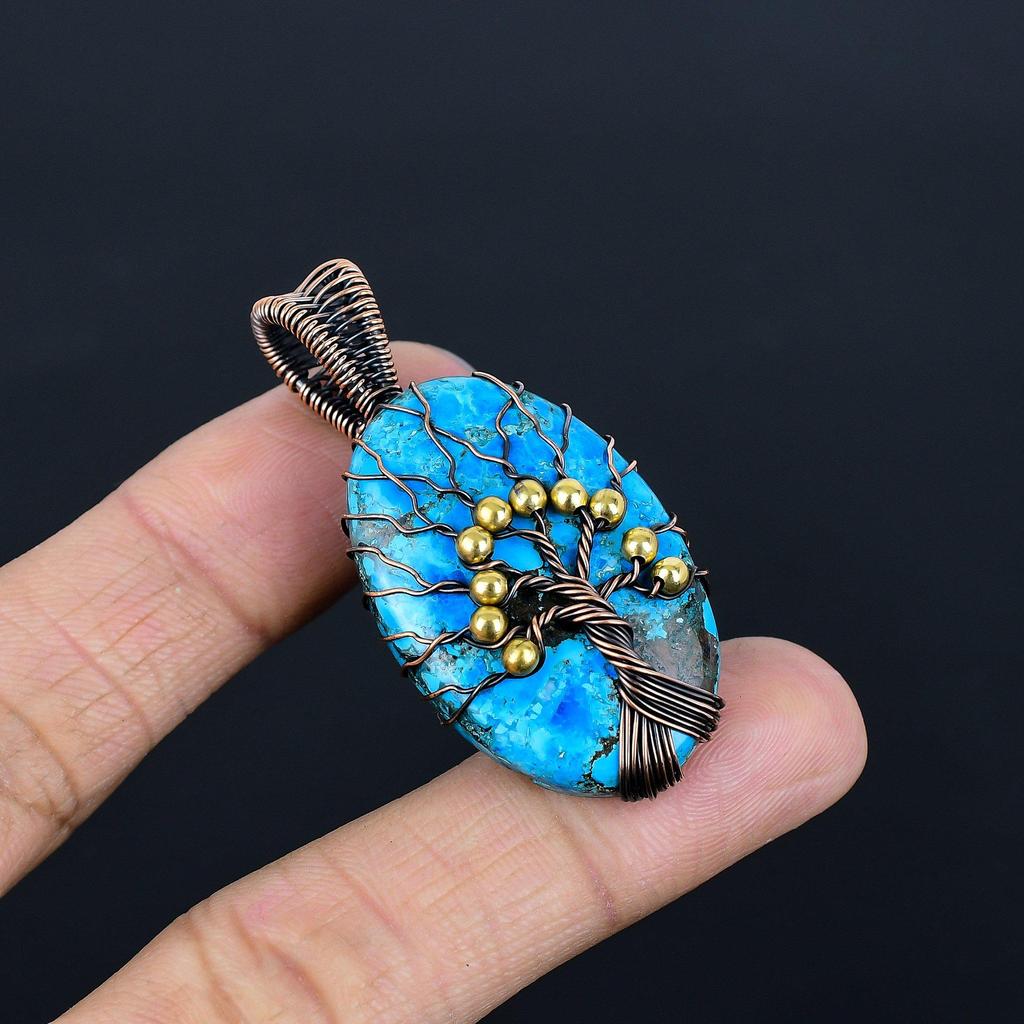 Blue Turquoise Handmade Gemstone Pendant, 999 Copper Wire Wrapped Antique Jewelry Pendant, For Engagement Gift