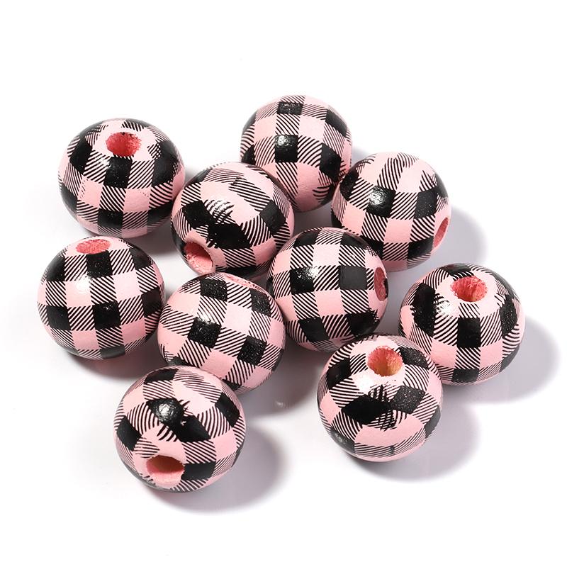 20Pcs 16mm Natural Wooden Beads Color Checkered Pattern Loose Spacer Round Wood Beads For DIY Handmade Bracelets Toy Accessories