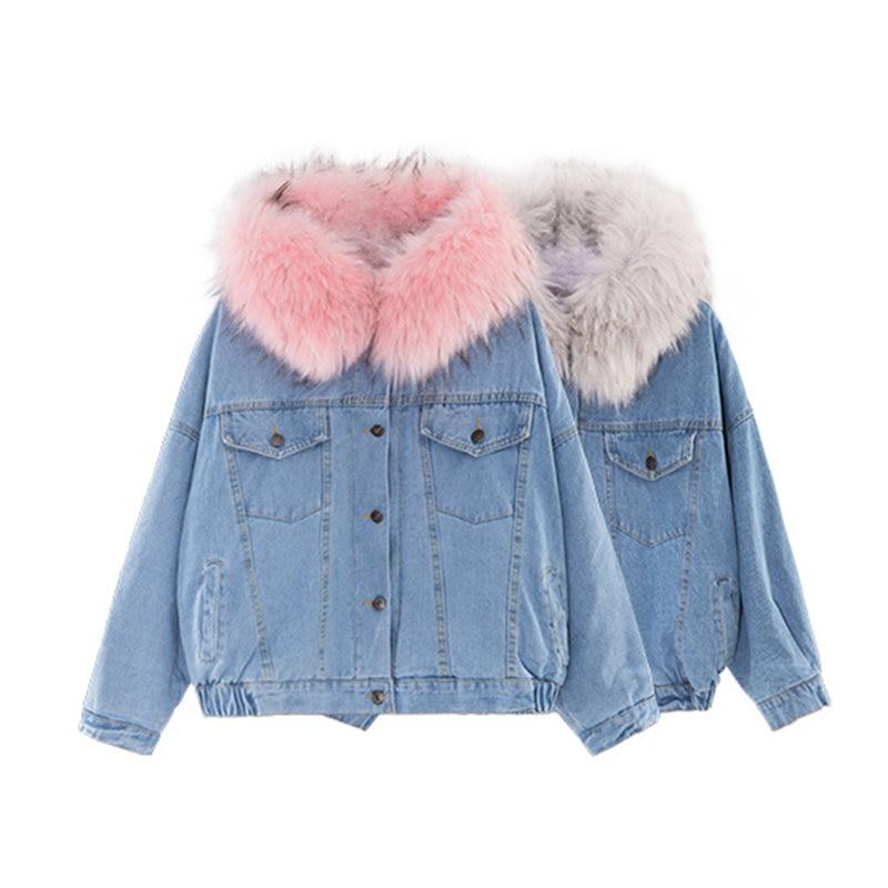 Big Faux Fur Collar Denim Jacket Women Winter Hooded Warm Jean Jacket Student Basic Short Parkas Female Bomber Coat