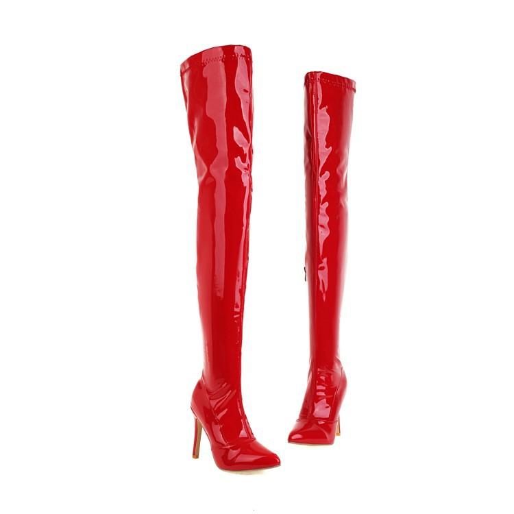 European and American Large Size Ultra-high Heel Thin Heel Waterproof Table Patent Leather Knee Boots Pole Dancer Shoes