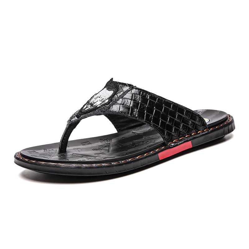 Летние шлепанцы с зажимом кожаные с плетеным узором вышивка Бекхэм мягкая подошва нескользящие сандалии горячая распродажа