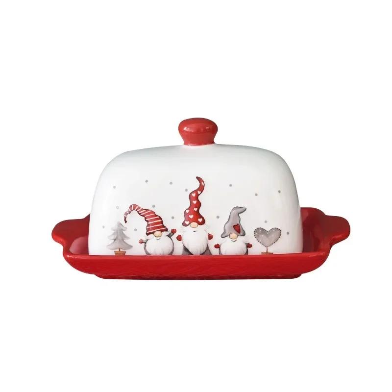 Nordic Santa Claus Elk Ceramic Butter Dish with Lid Christmas Party Cakes Sweets Desserts Plate Cheese Tray Snack Dessert Dish