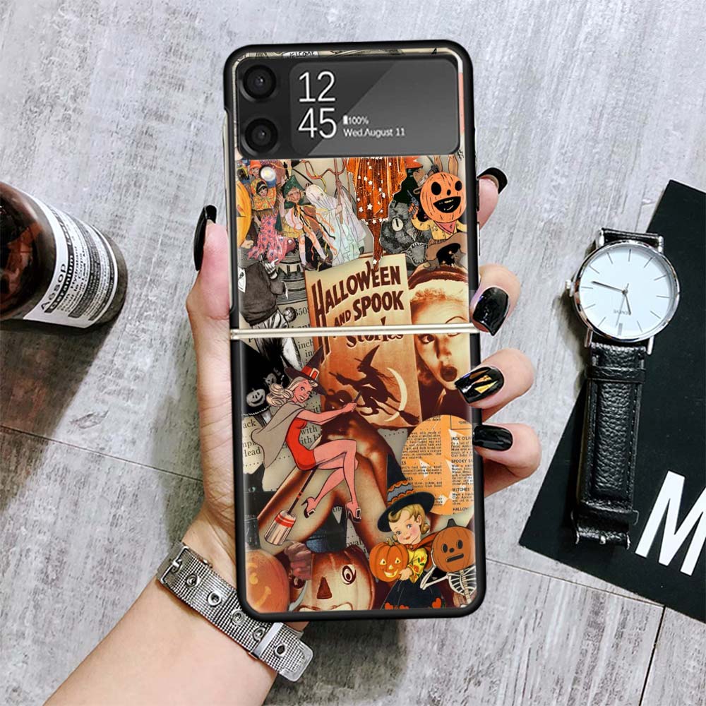 Halloween Fall Art Witch Cat Cases For Samsung Galaxy Z Flip 4 5 6 7 3 Z Flip7 Flip6 Flip4 Flip5 Flip3 5G Hard Shockproof Fundas