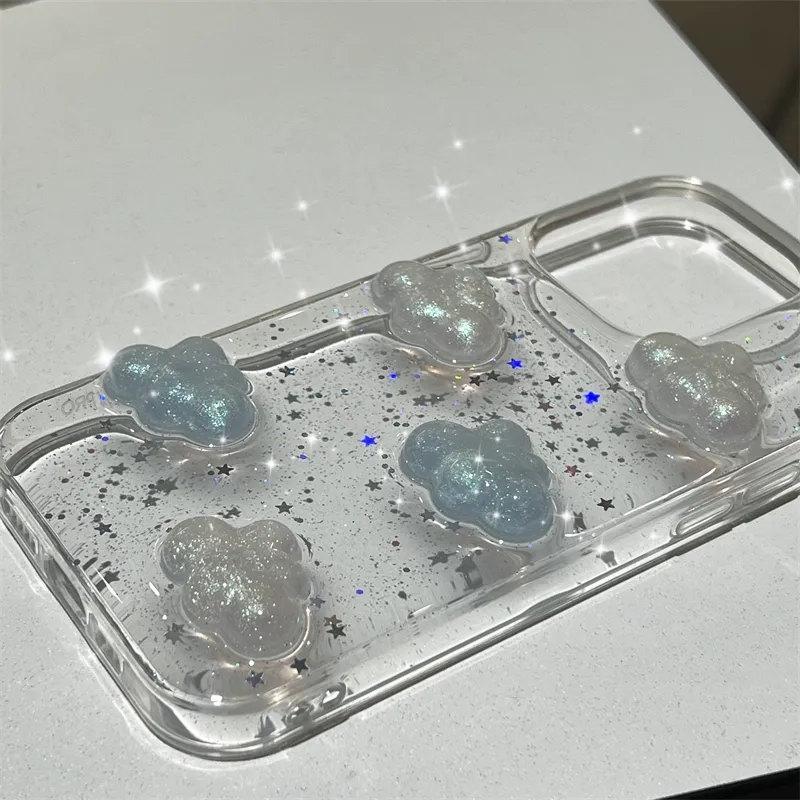 Корейский 3D блестящий чехол для телефона Aurora Clouds для iPhone 14 13 12 11 Pro XS Max MiNi XR X, прозрачный мягкий чехол с блестками