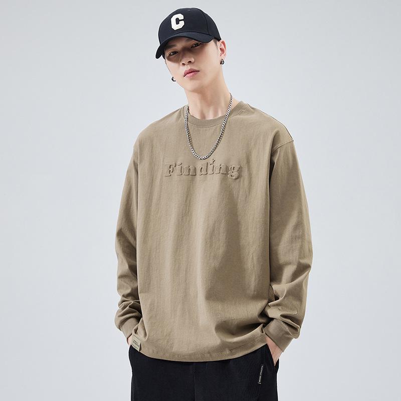 Мужская футболка с длинным рукавом из плотного хлопка - Белая, круглый вырез, стальной принт, свободный крой, осенняя коллекция