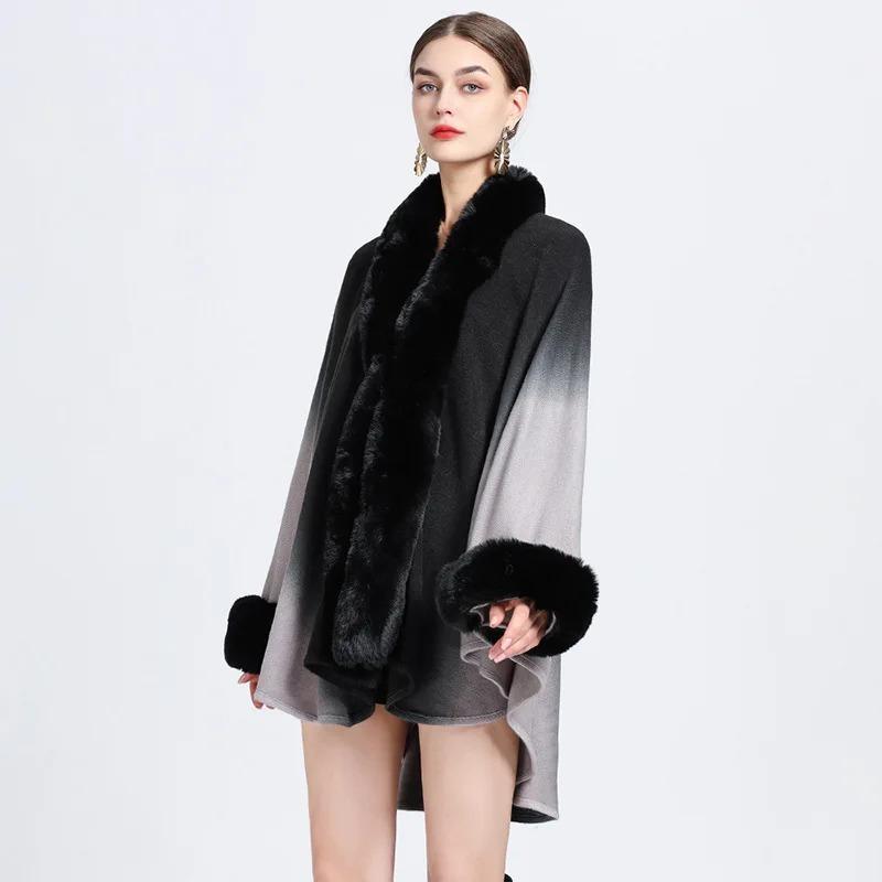 6 Gradient Colors Women Long Faux Rabbit Fur Collar Poncho Cape Knitted Cardigan Outstreet Wear Loose Cloak Batwing Sleeves Coat