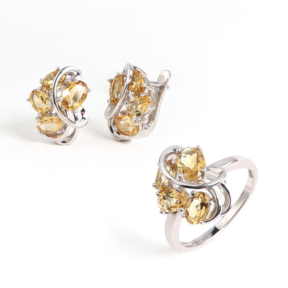 Gorgeous 925 Sterling Silver Leaf Fancy Design Ring Earrings Natural Citrine Gemstones Fine Jewelry Set for Women's Wedding Gift