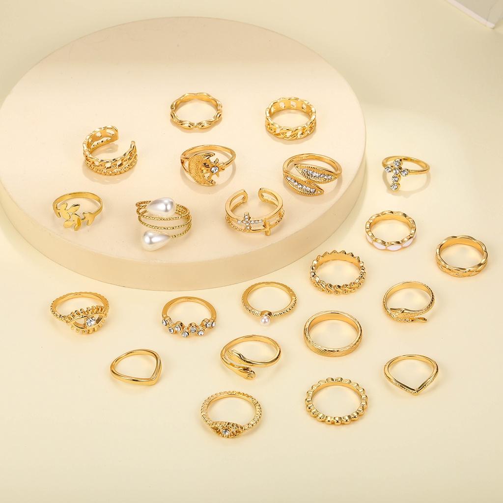 iF ME 22Pcs/set Retro Crystal Moon Eye Cross Ring Set Snake Gold Artificial Pearls Rings for Women Jewelry Accessories