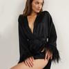Women's Silk Robe Fashion Satin Robe Lady Pajamas Black White Nightgown Ostrich Feather Cuff Nightwear