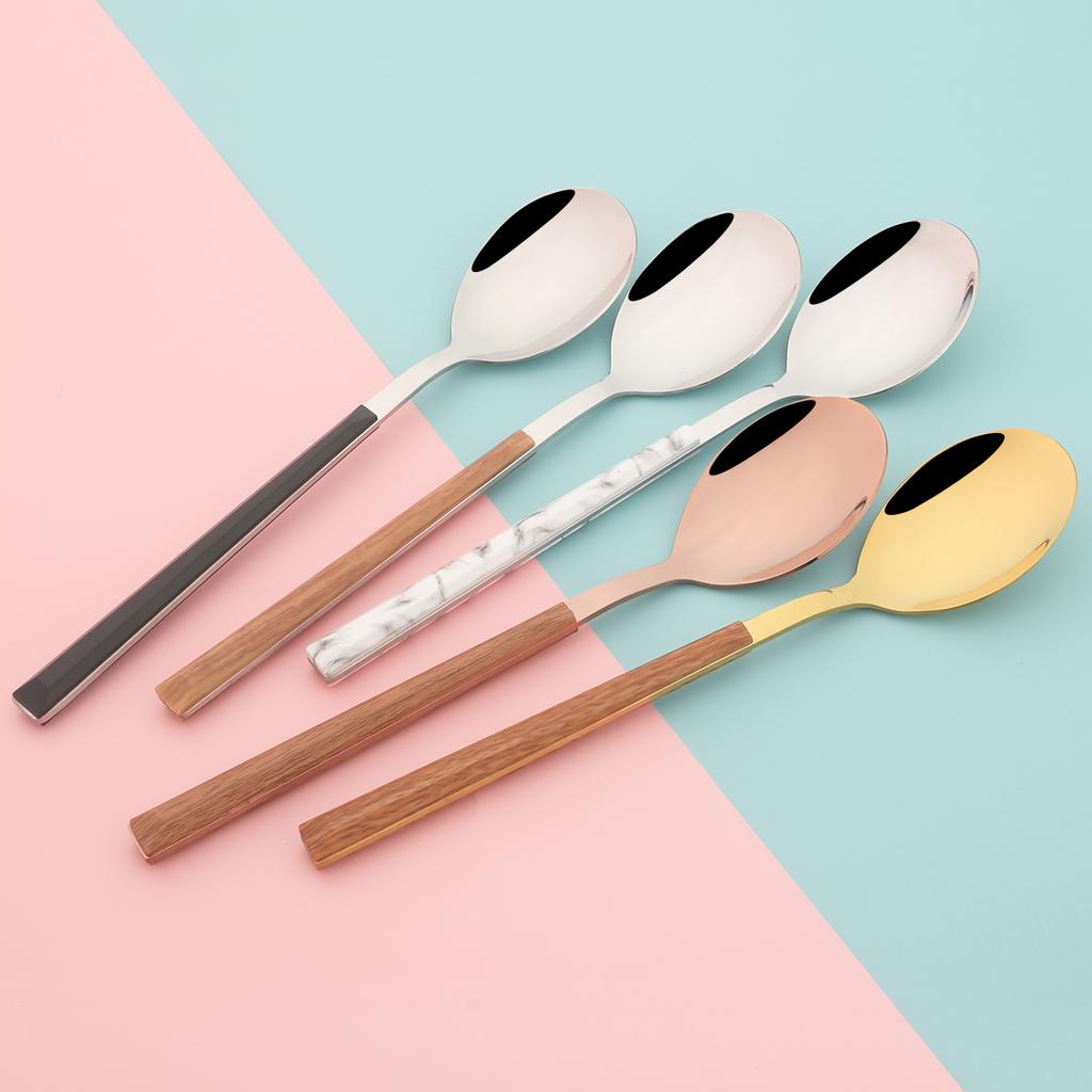 24Pcs Imitation Wooden Handle Cutlery Set Knife Dessert Fork Coffee Spoon Dinnerware Set Gold Kitchen Tableware Stainless Steel Flatware