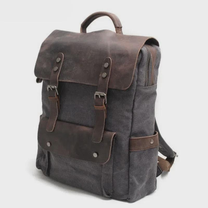 Vintage Canvas Backpack: Neutral College Style, Pure Cotton Canvas with Crazy Horse Leather Trim